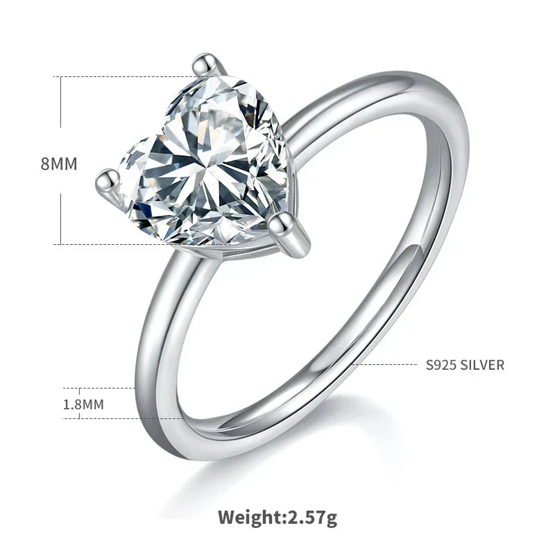 S925 Sterling Silver Heart-Shaped 2-Carat Moissanite Solitaire Ring - Liliana